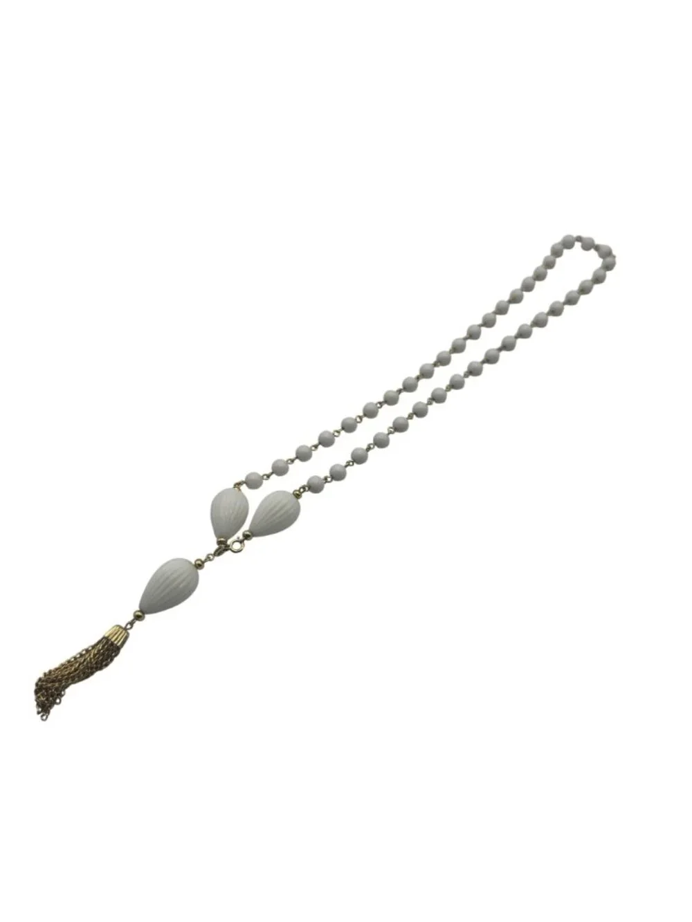 Vintage Beaded Tassel Gold Tone & White Plastic Chain Necklace Unique Design